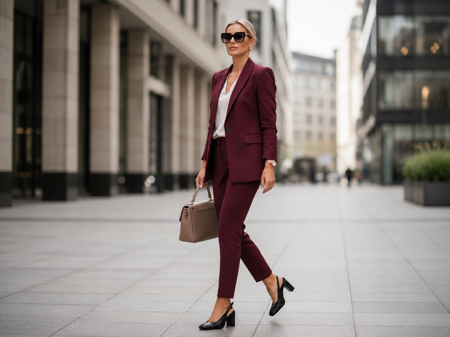 černé slingback lodičky s otevřenou patou v spojení s biznis kostýmem